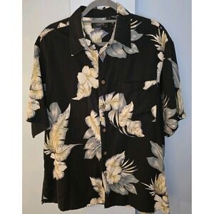 Saxony Hawaiian Shirt Mens L 100% Silk Palm Tree Short Sleeve Aloha Camp Luxury